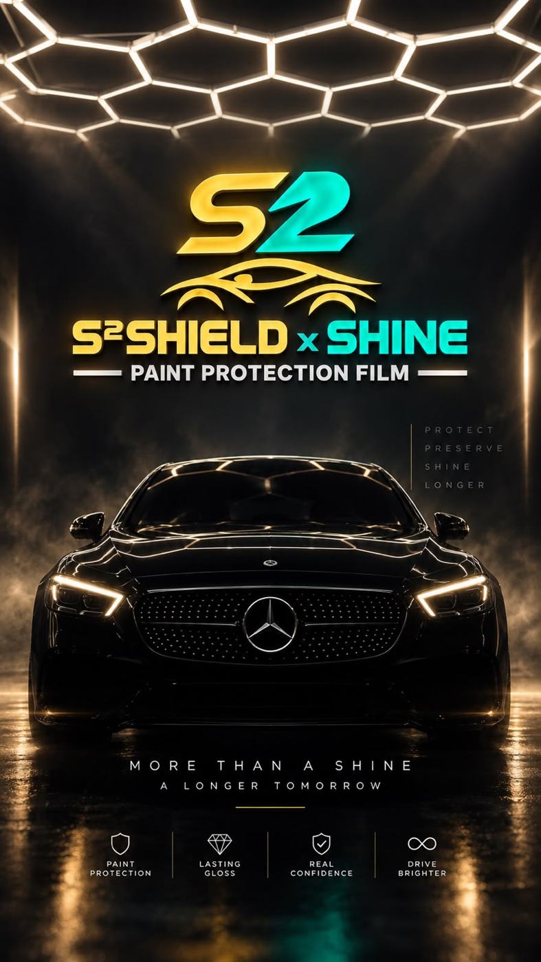 سيارة سوداء تحت إضاءة سداسية مع شعار S² SHIELD x SHINE